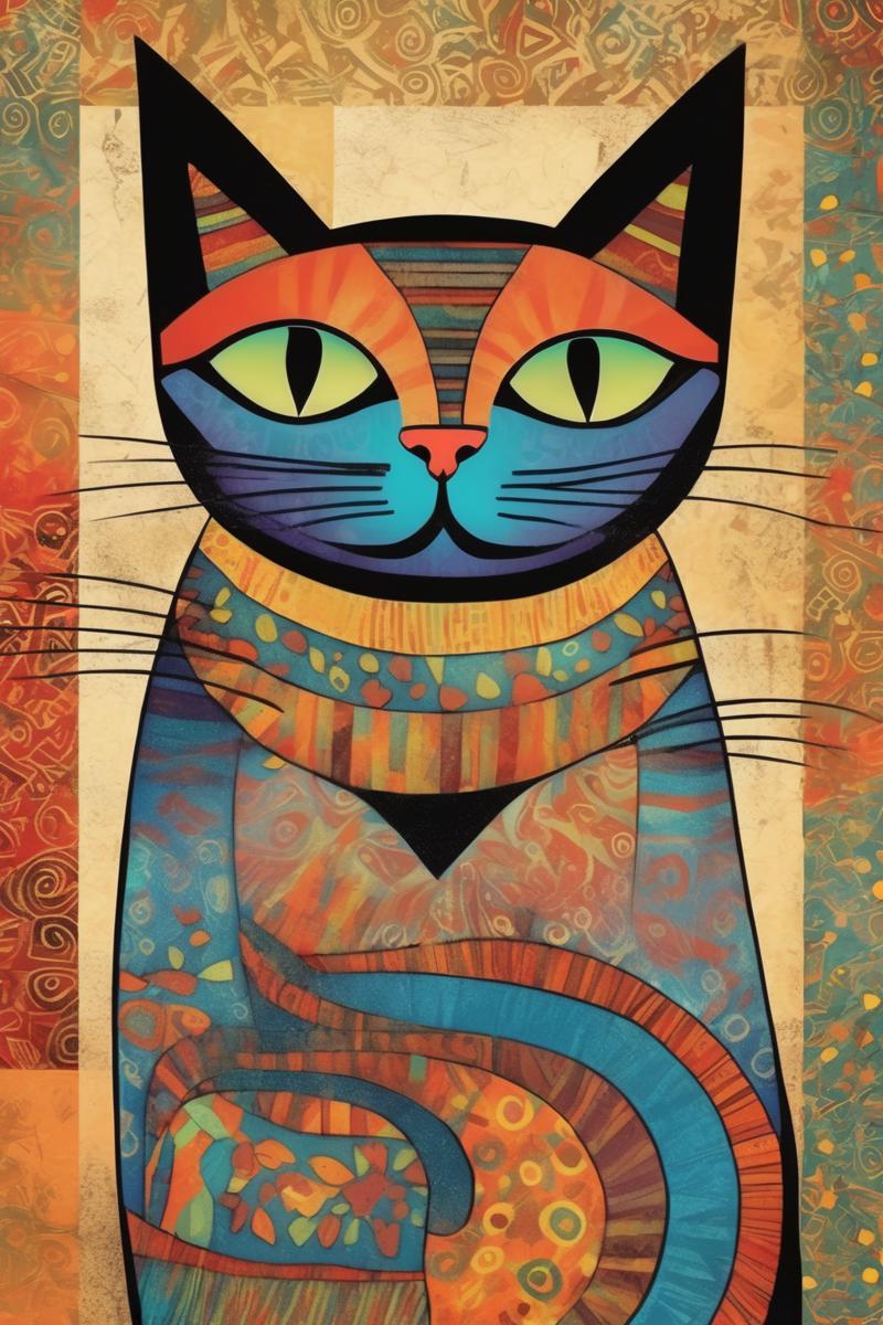 00213-409312442-_lora_Laurel Burch Style_1_Laurel Burch Style - A stylized depiction of a cat, poster art, with a mixed media patterned backgrou.png